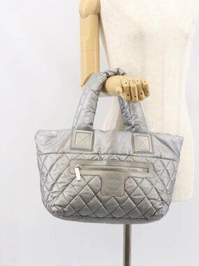 CHANEL Cococoon Tote Bag Coated Canvas Silver CC Auth bs33124